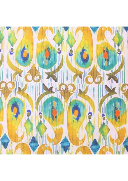 Sarı Turkuaz Vintage Desen Dijital Baskı Petek Kumaş