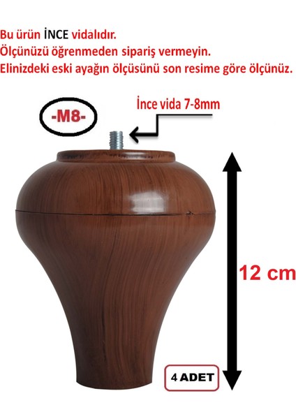 (Vida Ölçüsüne Dikkat) Armut Plastik Baza Ayağı Koltuk Kanepe Ayağı 4 Adet Ceviz 12 cm M8 Vida