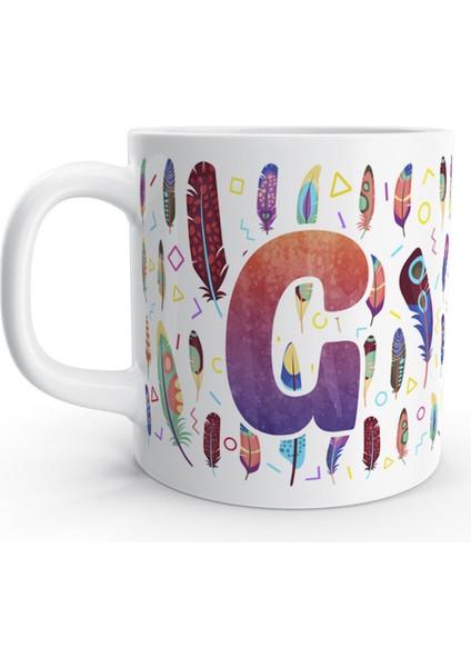 G Harfi Tüy Feather Tasarım Renkli Harfli Kupa Bardak