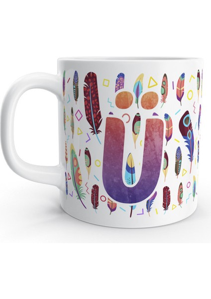 Ü Harfi Tüy Feather Tasarım Renkli Harfli Kupa Bardak