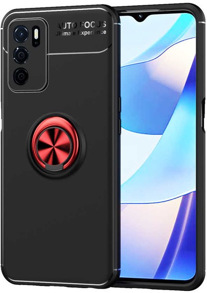 Oppo A16 Kılıf Renkli Yüzüklü Manyetik Silikon Kapak Siyah - Kırmızı
