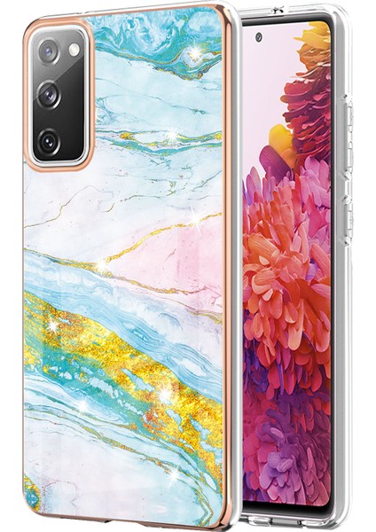 Samsung Galaxy S20 Fe Için Mermer Desen Yumuşak Tpu Tampon Kılıf Kapak Turkuaz - Beyaz (Yurt Dışından)