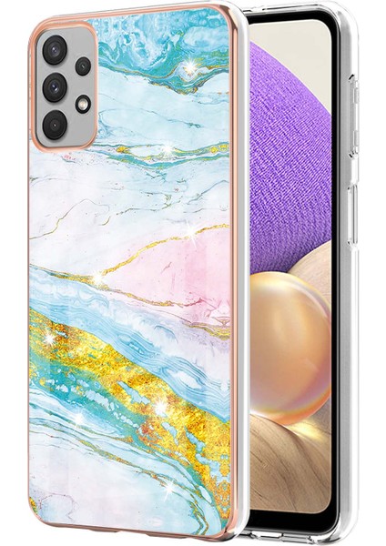 Samsung Galaxy A32 5g Için Mermer Desen Yumuşak Tpu Tampon Kılıf Kapak Turkuaz - Beyaz (Yurt Dışından)