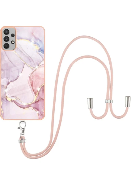 Samsung Galaxy A32 5g Için Crossbody Askı Ipi Telefon Kılıfı Silikon Mermer Desen Yumuşak Tpu Tampon Kapağı Rose Gold (Yurt Dışından)