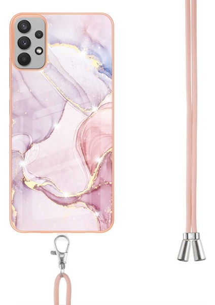 Samsung Galaxy A32 5g Için Crossbody Askı Ipi Telefon Kılıfı Silikon Mermer Desen Yumuşak Tpu Tampon Kapağı Rose Gold (Yurt Dışından)