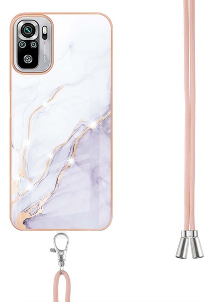 Xiaomi Redmi Note 10 4g / Note 10S Için Crossbody Askı Ipi Telefon Kılıfı Silikon Mermer Desen Yumuşak Tpu Tampon Kapağı Beyaz (Yurt Dışından)