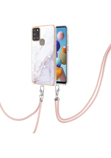 Samsung Galaxy A21S Için Crossbody Askı Ipi Telefon Kılıfı Silikon Mermer Desen Yumuşak Tpu Tampon Kapağı Beyaz (Yurt Dışından)