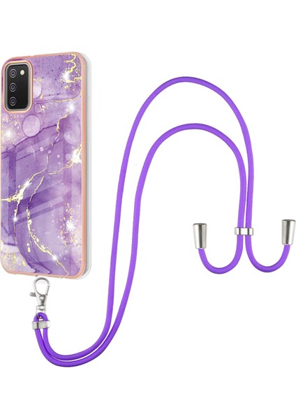 Samsung Galaxy A02S Için Crossbody Askı Ipi Telefon Kılıfı Silikon Mermer Desen Yumuşak Tpu Tampon Kapağı Mor (Yurt Dışından)