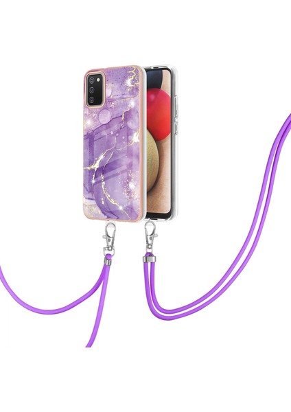 Samsung Galaxy A02S Için Crossbody Askı Ipi Telefon Kılıfı Silikon Mermer Desen Yumuşak Tpu Tampon Kapağı Mor (Yurt Dışından)