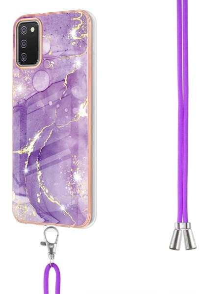 Samsung Galaxy A02S Için Crossbody Askı Ipi Telefon Kılıfı Silikon Mermer Desen Yumuşak Tpu Tampon Kapağı Mor (Yurt Dışından)