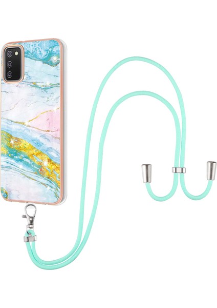 Samsung Galaxy A02S Için Crossbody Askı Ipi Telefon Kılıfı Silikon Mermer Desen Yumuşak Tpu Tampon Kapağı Turkuaz - Beyaz (Yurt Dışından)