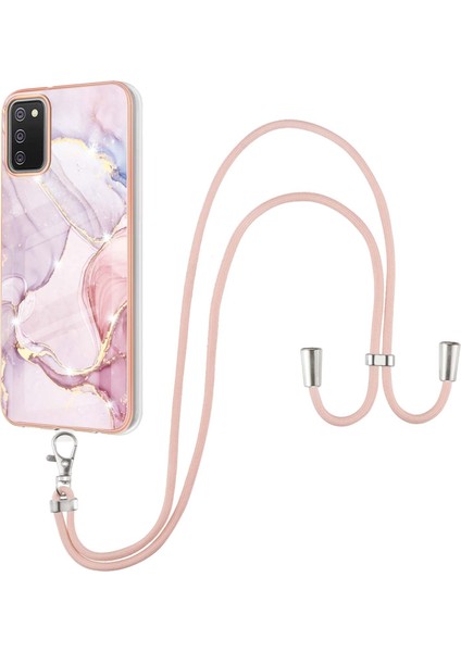 Samsung Galaxy A02S Için Crossbody Askı Ipi Telefon Kılıfı Silikon Mermer Desen Yumuşak Tpu Tampon Kapağı Rose Gold (Yurt Dışından)