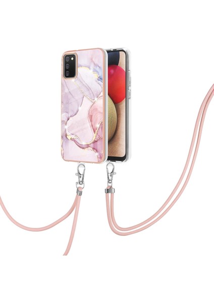 Samsung Galaxy A02S Için Crossbody Askı Ipi Telefon Kılıfı Silikon Mermer Desen Yumuşak Tpu Tampon Kapağı Rose Gold (Yurt Dışından)