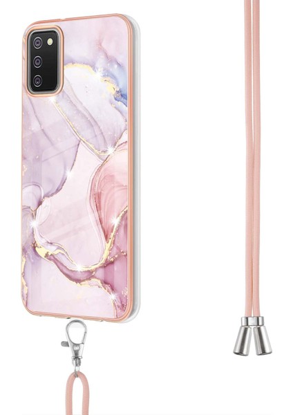 Samsung Galaxy A02S Için Crossbody Askı Ipi Telefon Kılıfı Silikon Mermer Desen Yumuşak Tpu Tampon Kapağı Rose Gold (Yurt Dışından)