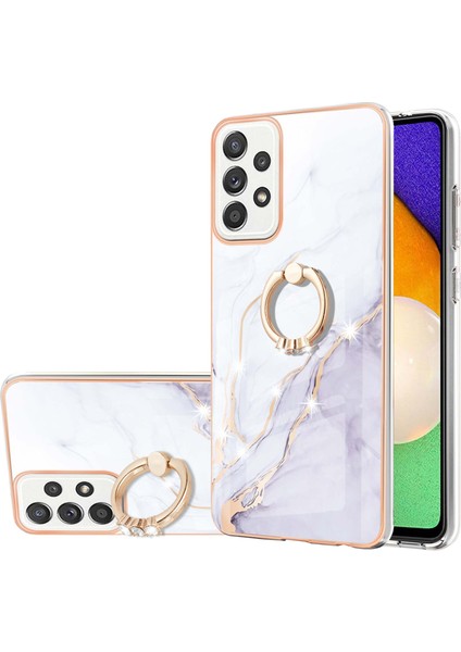 Samsung Galaxy A52 Için Mermer Desen Yumuşak Tpu Tampon Halka Tutucu Stand Kılıf Kapağı Beyaz (Yurt Dışından)