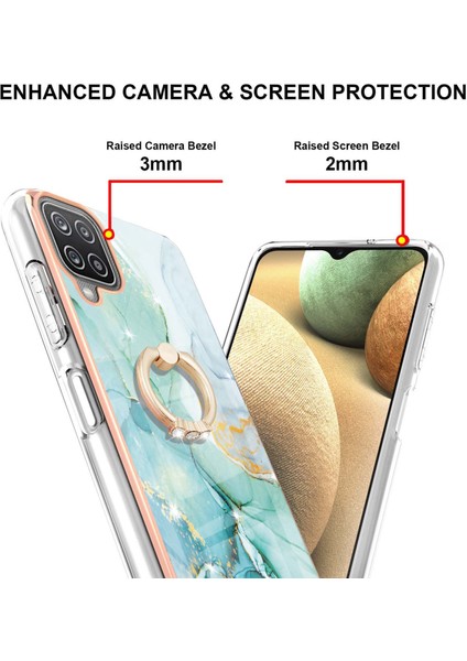 Samsung Galaxy A12 Için Mermer Desen Yumuşak Tpu Tampon Halka Tutucu Stand Kılıf Kapağı Turkuaz (Yurt Dışından)