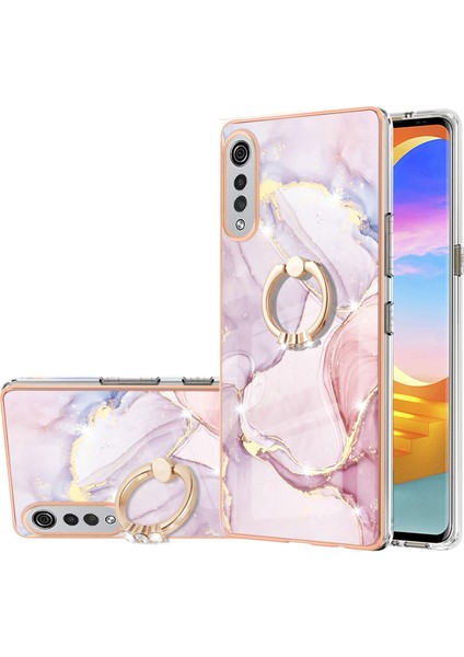 Lg Velvet 5g Için Mermer Desen Yumuşak Tpu Tampon Halka Tutucu Stand Kılıf Kapağı Rose Gold (Yurt Dışından)