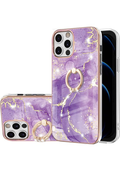 iPhone 12 / iPhone 12 Pro Için Mermer Desen Yumuşak Tpu Tampon Halka Tutucu Stand Kılıf Kapağı Mor (Yurt Dışından)