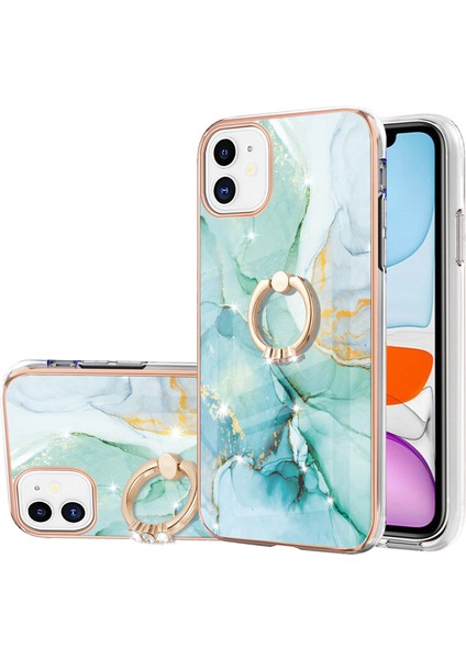 iPhone 11 Için Mermer Desen Yumuşak Tpu Tampon Halka Tutucu Stand Kılıf Kapağı Turkuaz (Yurt Dışından)