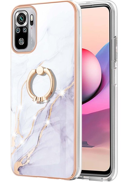 Xiaomi Redmi Note 10 4g / Note 10S Için Mermer Desen Yumuşak Tpu Tampon Halka Tutucu Stand Kılıf Kapağı Beyaz (Yurt Dışından)