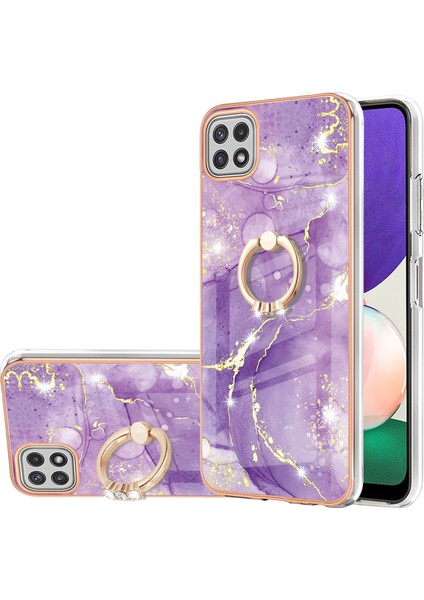 Samsung Galaxy A22 5g Için Mermer Desen Yumuşak Tpu Tampon Halka Tutucu Stand Kılıf Kapağı Mor (Yurt Dışından)