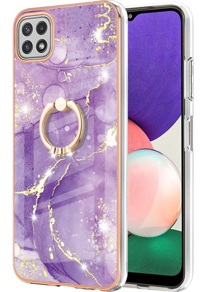 Samsung Galaxy A22 5g Için Mermer Desen Yumuşak Tpu Tampon Halka Tutucu Stand Kılıf Kapağı Mor (Yurt Dışından)