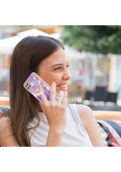 Samsung Galaxy A22 5g Için Mermer Desen Yumuşak Tpu Tampon Halka Tutucu Stand Kılıf Kapağı Mor (Yurt Dışından)