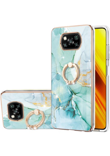 Xiaomi Poco X3 Için Mermer Desen Yumuşak Tpu Tampon Halka Tutucu Stand Kılıf Kapağı Turkuaz (Yurt Dışından)