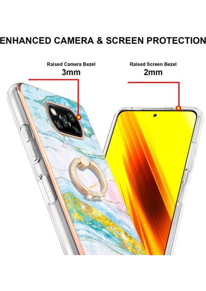 Xiaomi Poco X3 Için Mermer Desen Yumuşak Tpu Tampon Halka Tutucu Stand Kılıf Kapağı Turkuaz - Beyaz (Yurt Dışından)