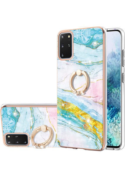 Samsung Galaxy S20+ Plus Için Mermer Desen Yumuşak Tpu Tampon Halka Tutucu Stand Kılıf Kapağı Turkuaz - Beyaz (Yurt Dışından)