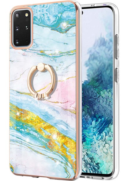 Samsung Galaxy S20+ Plus Için Mermer Desen Yumuşak Tpu Tampon Halka Tutucu Stand Kılıf Kapağı Turkuaz - Beyaz (Yurt Dışından)