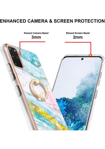 Samsung Galaxy S20+ Plus Için Mermer Desen Yumuşak Tpu Tampon Halka Tutucu Stand Kılıf Kapağı Turkuaz - Beyaz (Yurt Dışından)