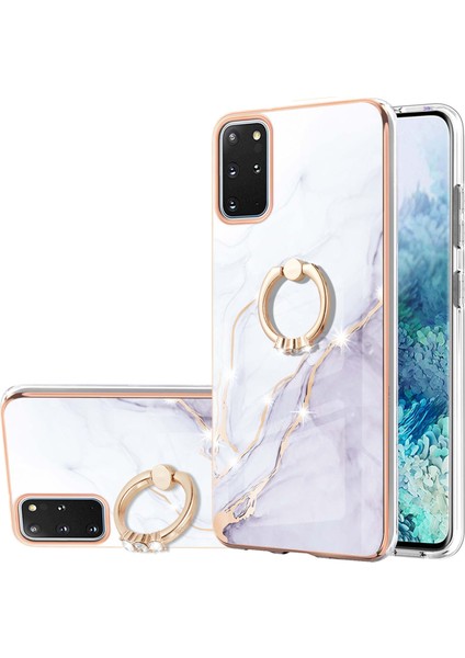 Samsung Galaxy S20+ Plus Için Mermer Desen Yumuşak Tpu Tampon Halka Tutucu Stand Kılıf Kapağı Beyaz (Yurt Dışından)