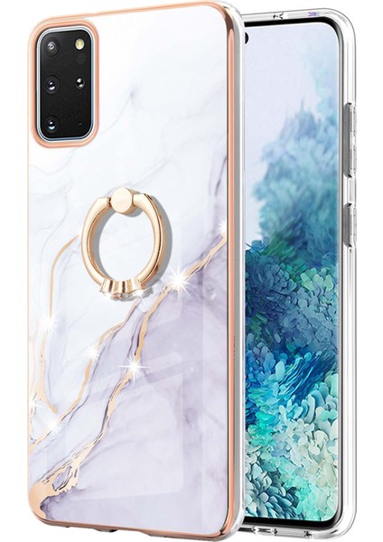 Samsung Galaxy S20+ Plus Için Mermer Desen Yumuşak Tpu Tampon Halka Tutucu Stand Kılıf Kapağı Beyaz (Yurt Dışından)