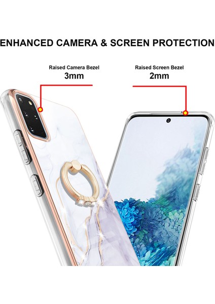 Samsung Galaxy S20+ Plus Için Mermer Desen Yumuşak Tpu Tampon Halka Tutucu Stand Kılıf Kapağı Beyaz (Yurt Dışından)