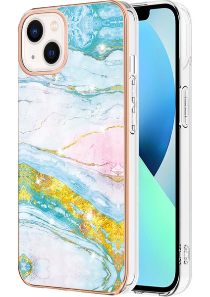 iPhone 13 Için Mermer Desen Yumuşak Tpu Tampon Kılıf Kapak Turkuaz - Beyaz (Yurt Dışından)