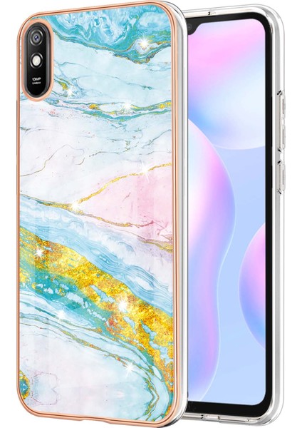 Xiaomi Redmi 9A Için Mermer Desen Yumuşak Tpu Tampon Kılıf Kapak Turkuaz - Beyaz (Yurt Dışından)