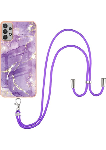 Samsung Galaxy A32 5g Için Crossbody Askı Ipi Telefon Kılıfı Silikon Mermer Desen Yumuşak Tpu Tampon Kapağı Mor (Yurt Dışından)