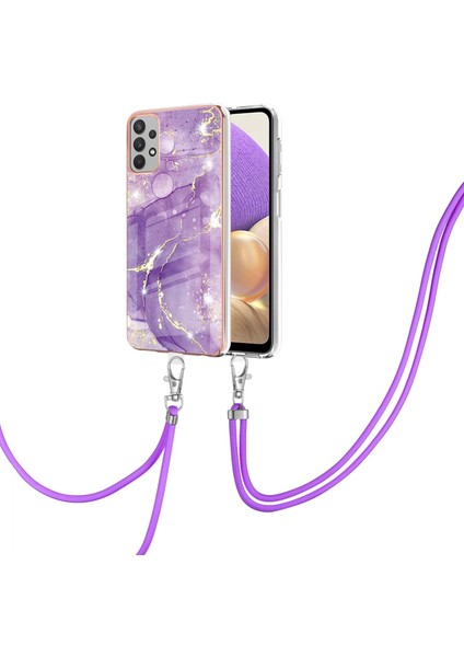 Samsung Galaxy A32 5g Için Crossbody Askı Ipi Telefon Kılıfı Silikon Mermer Desen Yumuşak Tpu Tampon Kapağı Mor (Yurt Dışından)