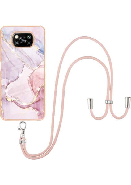 Xiaomi Poco X3 Için Crossbody Askı Ipi Telefon Kılıfı Silikon Mermer Desen Yumuşak Tpu Tampon Kapağı Rose Gold (Yurt Dışından)