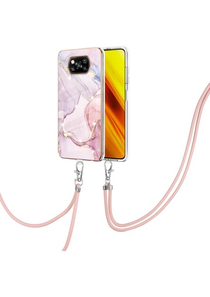 Xiaomi Poco X3 Için Crossbody Askı Ipi Telefon Kılıfı Silikon Mermer Desen Yumuşak Tpu Tampon Kapağı Rose Gold (Yurt Dışından)