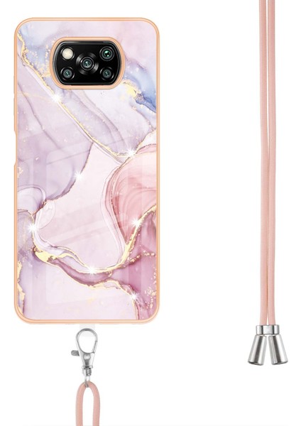 Xiaomi Poco X3 Için Crossbody Askı Ipi Telefon Kılıfı Silikon Mermer Desen Yumuşak Tpu Tampon Kapağı Rose Gold (Yurt Dışından)