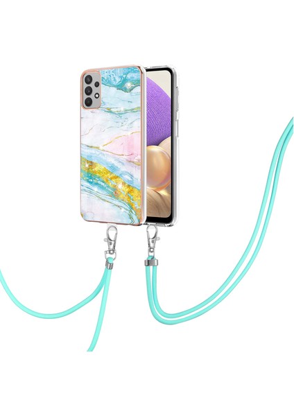 Samsung Galaxy A32 5g Için Crossbody Askı Ipi Telefon Kılıfı Silikon Mermer Desen Yumuşak Tpu Tampon Kapağı Turkuaz - Beyaz (Yurt Dışından)