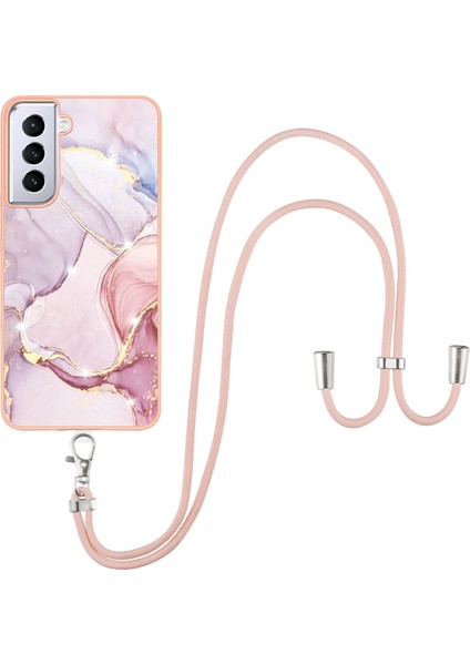 Samsung Galaxy S21+ 5g Için Crossbody Askı Ipi Telefon Kılıfı Silikon Mermer Desen Yumuşak Tpu Tampon Kapağı Rose Gold (Yurt Dışından)