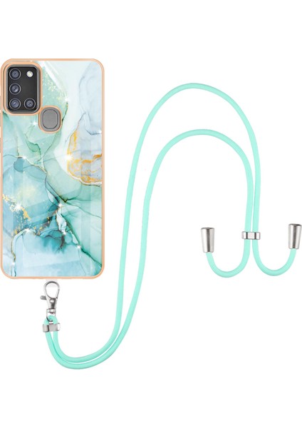Samsung Galaxy A21S Için Crossbody Askı Ipi Telefon Kılıfı Silikon Mermer Desen Yumuşak Tpu Tampon Kapağı Turkuaz (Yurt Dışından)