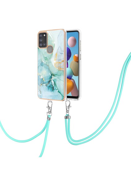 Samsung Galaxy A21S Için Crossbody Askı Ipi Telefon Kılıfı Silikon Mermer Desen Yumuşak Tpu Tampon Kapağı Turkuaz (Yurt Dışından)