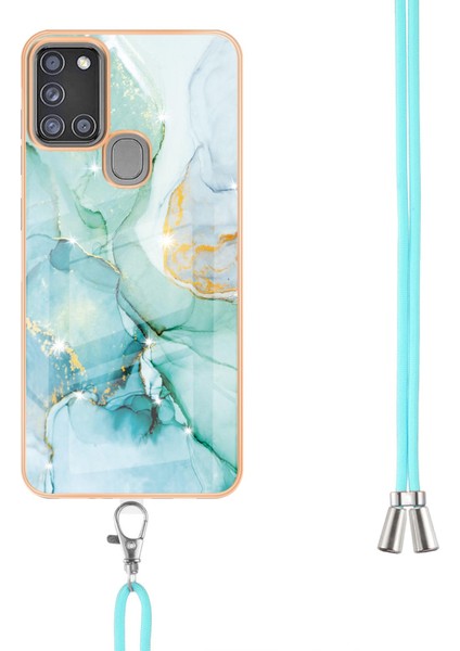 Samsung Galaxy A21S Için Crossbody Askı Ipi Telefon Kılıfı Silikon Mermer Desen Yumuşak Tpu Tampon Kapağı Turkuaz (Yurt Dışından)