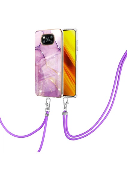 Xiaomi Poco X3 Için Crossbody Askı Ipi Telefon Kılıfı Silikon Mermer Desen Yumuşak Tpu Tampon Kapağı Pembe (Yurt Dışından)