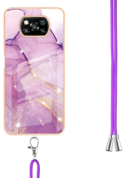 Xiaomi Poco X3 Için Crossbody Askı Ipi Telefon Kılıfı Silikon Mermer Desen Yumuşak Tpu Tampon Kapağı Pembe (Yurt Dışından)
