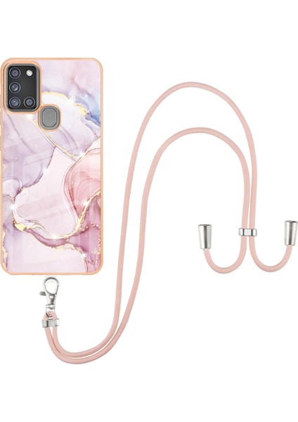 Samsung Galaxy A21S Için Crossbody Askı Ipi Telefon Kılıfı Silikon Mermer Desen Yumuşak Tpu Tampon Kapağı Rose Gold (Yurt Dışından)